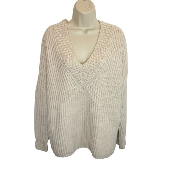 Acne Studios 100% Wool Ribbed V-Neck Sweater Beige Oversized Knit - Size XS - Picture 2 of 6